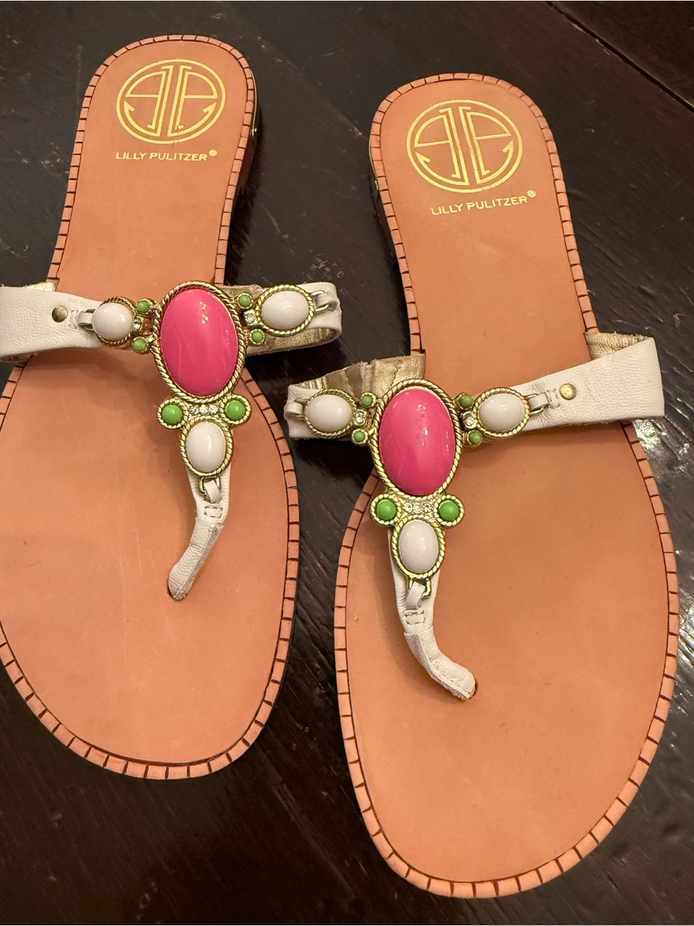 NWOT Lilly Pulitzer White Jewel-Embellished Pink & Green Thong Sandals Size 6